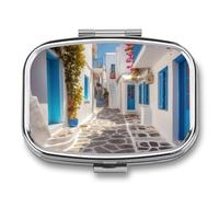 Greece Street Pill Box 2 Compartments Portable Travel Pill Case Mini Medicine Organizer for Pocket Purse Metal Waterproof Medicine Container Holder Vitamin Fish Oil