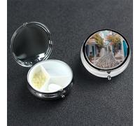 Greece Street Pill Box 3 Compartment Round Portable Pill Case for Pocket or Purse Small Weekly Medicine Planner Travel Pillbox with Mirror Decorative Metal Vitamin Holder Gifts