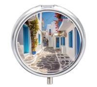 Greece Street Pill Box Travel Pill Organizer 3-Compartment with Mirror Design Portable Round Medicine Case for Vitamins, Jewelry & Essentials Durable Pocket Pillcase for Purse, Camping