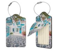 Greece Street Print Luggage Tag Leather with Stainless Steel Loop Privacy Cover Name ID Labels for Women Men