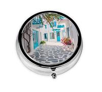 Greece Street Print Round Pill Organizer 3 Compartment Pill Box Portable Medicine Pill Case for Outdoor Travel