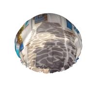 Greece Street Shower Cap for Women Men Large Reusable Shower Bonnet Double-Layer Waterproof Bath Caps Elastic Band Hair Hat for All Hairstyles, Travel-Friendly