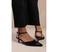 'Greece' Wide Fit Low Kitten Heels Pointed Toe Ankle Strap Where's That From Black 3E