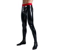 GREEFEI Latex Rubber Men Pants with Front Removable Crotch Cover,Latex Leggings with Socks Attached Handmade L Black