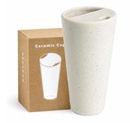 Greefun Handmade Ceramic Coffee Mug with Half Lid and Sip Hole, 18oz Tall Travel Coffee Tea Cup with Resistant Silicone Sleeve, Pure Ceramic Drinking for Home, Office and Daily Commute, Speckle white