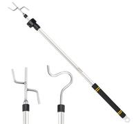 Greeily Clothes Hanger Reaching Hook, High Reach Garment Hook Telescopic Adjustable 37" to 63" for Hanging Clothes Plants Bird Feeders Christmas Light Pole Stainless Steel Material with 2 Long Hooks