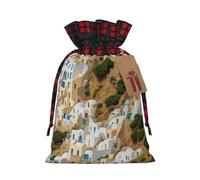 (Greek Architecture Print) Drawstring Gift Bags with Tag Plaid Candy Bags for Holiday Christmas Party Supplies M