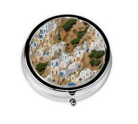 (Greek Architecture Print) Round Pill Box with 3 Compartments Small Portable Pill Organizer for Travel