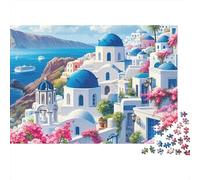 Gr lue White Village 1000 Piece Jigsaw Puzzle Paper Jigsaw Puzzle for Adults Seaside Scenery Summer Blooms Home Focus Gift 52x38cm/1000pcs