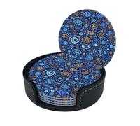 Greek Evil Eye Pattern Blues and Gold Microfiber Pu Leather Coaster Set of 6 for Drinks with Holder, Cups Place Mats for Home Decor,Round Mat Pad for Cups Mugs