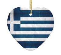 Greek Flag Ceramic Christmas Heart Pendant, The Pottery Piece is Available with Silk Thread