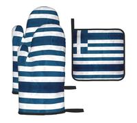 Greek Flag Oven Mitts Pot Holders Sets, Kitchen Glove High Heat Resistant Potholder, Surface Safe for Baking, Cooking, BBQ (3PC)