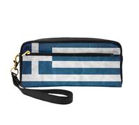 Greek Flag Print Leather Small Makeup Bag – Reusable Cosmetic Accessories Organizer, Travel Toiletry Bag