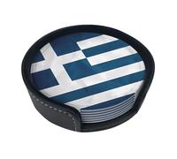 greek flag Round leather coasters (set of 6) Delicate and soft table decorations, suitable for coffee cups, mugs, etc.