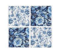 Greek Floral Ceramic Coaster Set - Blue & White Floral Square Set of Four (4) Coasters Gift