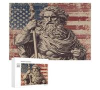 Greek God Zeus U.S. Flag Vintage Funny Wooden Puzzle Adults Difficult Jigsaw Puzzles with Storage Box for Family Game Birthday Gift