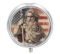 Greek God Zeus U.S. Flag Vintage Small Pill Organizer with 3 Compartments Travel Medicine Case Portable Round Vitamin Storage Box