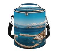Greek Island Sea View Lunch Bag, 15L Portable Leakproof Picnic Basket with Shoulder Strap, Insulated Picnic Cooler Bag for Camping, Beach, Hiking & Groceries
