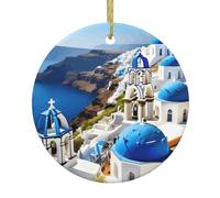 Greek Island Sea View Print Christmas Tree Ceramic Hanging, Ceramic Christmas Ornament For Home, Mall, Holiday