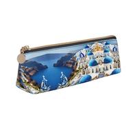 Greek Island sea View Print Stylish High-Capacity Leather Pencil Case Zippered Triangle Pouch Pens Boys Girls