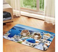 Greek Island Sea Viewprint Pet Absorbent Leather Tablecloth,Wipe Clean Quick Dry,Food Mat For Small Animals