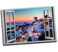 Greek Islands Holiday Sunset View 3D Window Effect Canvas Print Picture Wall Art Large 30x20 Inches