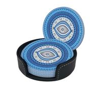Greek Mati Mataki Matiasma Evil Eye Ornament Microfiber Pu Leather Coaster Set of 6 for Drinks with Holder, Cups Place Mats for Home Decor,Round Mat Pad for Cups Mugs
