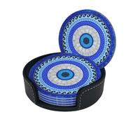 Greek Matiasma Evil Eye Art Pu Leather Coaster Set of 6 for Drinks with Holder Cups Place Mats for Home Decor Round Mat Pad for Cups Mugs