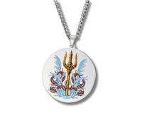 Greek Mythology Necklace • Stainless Steel & Gold-Plated Medallions with Colored Engravings • Ancient Roman Gods and Goddesses Jewelry • Collectible Pagan Talisman Pendants (Trident • Silver)