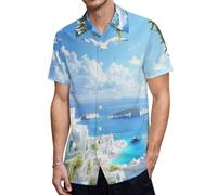 Greek Santorini Greece Men's Button Down Shirt Casual Short Sleeve Shirts Beach Summer Shirt with Pocket