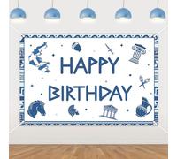 Greek Theme Happy Birthday Backdrop Banner 4.92 * 3.28ft Blue White Ancient Greek Birthday Party Decorations Greece 1st 2nd 3rd Birthday Party Supplies Greek Mythology Culture Roman Photo Booth Props