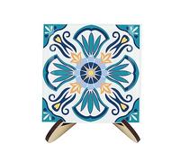 Greek Tile Coaster Set - Square Glass Mediterranean Design - Set of Four (4) Coasters & Wood-Effect Stand