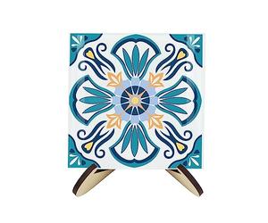 Greek Tile Coaster Set - Square Glass Mediterranean Design - Set of Four (4) Coasters & Wood-Effect Stand