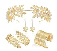Greeks Goddesses Costume Accessories Set for Women Golden Laurels Leaf Crowns Headband Upper Arm Cuffs Coil Bracelets