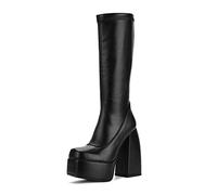 Greemarliy Womens Mid Calf Knee High Boots High Heel Round-Toe Side Zipper Punk Style Shoes Combat Boots For Women, Black, 4.5 UK