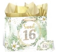 Green 16th Birthday Gift Bag Large Sweet 16th Birthday Gift Bag with Wrapping Paper Card Sage Greenery Happy 16 Year Old Party Favor Bags for Girls Boys Sixteen Bday Decorations Party Supplies