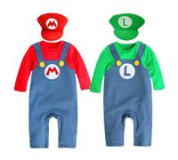 (Green, 3-9M) (Red, 18-24M) Halloween Toddler Super Mario Bros Crawling Suit Romper Jumpsuit Cosplay Costume with Hat