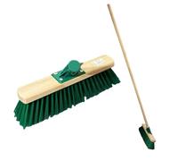 GREEN 30cm Stiff Broom with Synthetic PVC Hard Bristle Brush - Durable Support Bracket & 120cm Wooden Handle - Heavy Duty Outdoor Garden Sweeping Brush