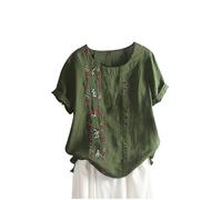 Green 3XL Linen Tops for Women UK Plus Size Boho Tops Summer Floral Embroidered Vintage Shirts Mexican Ethnic Style Bohemian Tee Shirts Trendy Longline Tunics Blouses S-5XL