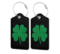 Green 4 Leaf Clover Leather Baggage Bag Luggage Tags with Stainless Steel Loop and Privacy Cover