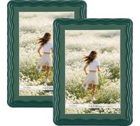 Green 5x7'' Metal Picture Frame Set of 2,with Green Acid Free Mat for 4x6'',Advanced Wavy Border Design,Real Glass Panel and Premium Velvet Backing,for Desktop Display and Wall Decor