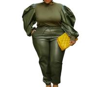 Green,5XL,Women's PU Leather Sexy Casual Sports Long Sleeve Sweatshirt Sweatpants 2-Piece Set DS Nightclub Stage Costume