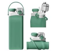 Green 600ml Collapsible Silicone Water Bottle with Straw & Strap - BPA Free, Leakproof & Foldable