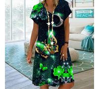 (green, 6XL) Summer Fashion V-neck Dress Ladies Short Sleeve Butterfly Moon Printed Dress Loose Casual Dress For Women