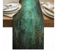 Green Abstract Table Runner Industrial Minimalist Teal Gold Distressed Texture Washable Cotton Linen Dining Table Runner Tabletop Decorations for Restaurant Home Kitchen Party 13 x 36 Inch,