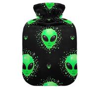 Green Alien Black Hot Water Bottle with Soft Velvet Cover Warm Water Heat Bottles for Menstrual Cramps Pain Relief Medium