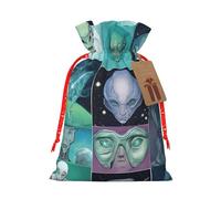 Green Alien Christmas Drawstring Gift Bag Santa Sack With Cards