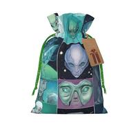 Green Alien Christmas Drawstring Gift Bag Santa Sack With Cards