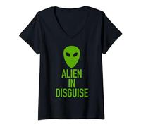 Green Alien Head Alien In Disguise Funny UFO Halloween Top V-Neck T-Shirt