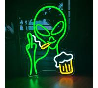 Green Alien Neon Sign, Beer Bar Alien Neon Light for Wall Decor, Dimmable LED Lights Signs for Bedroom Man Cave Game Room Home Bar Party Decoration,USB Powered Alien Light up Sign for Kids Teen Boy